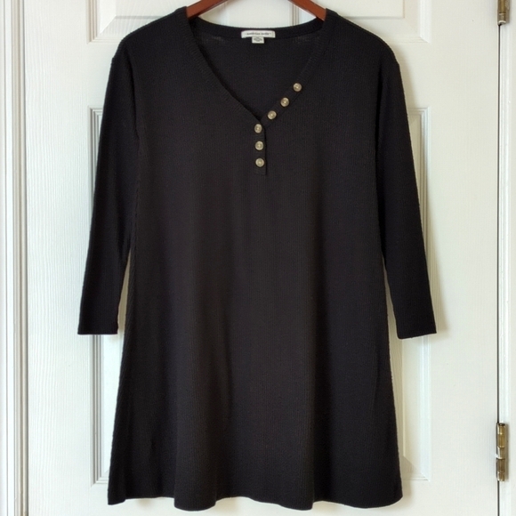 American Eagle Ribbed Long Sleeve Buttoned V-neck Mini Swing Dress Black XXS - Picture 1 of 12